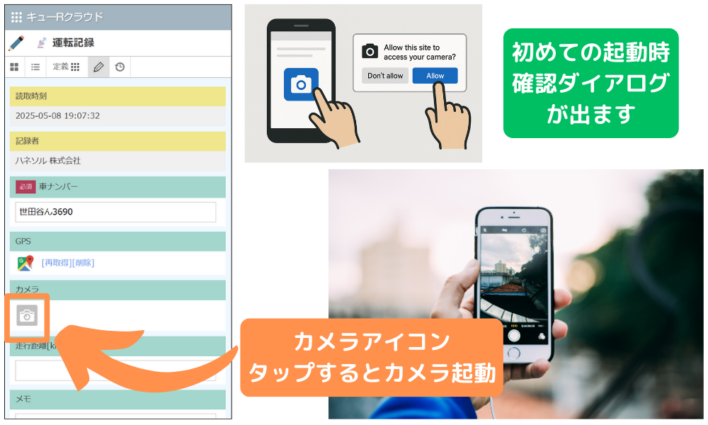 カメラアイコンをタップし、スマートフォンのカメラを起動